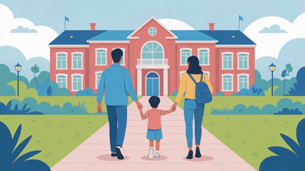 Changement d'établissement scolaire en cours d'année, famille avançant vers une nouvelle école