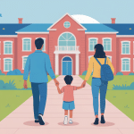 Changement d'établissement scolaire en cours d'année, famille avançant vers une nouvelle école