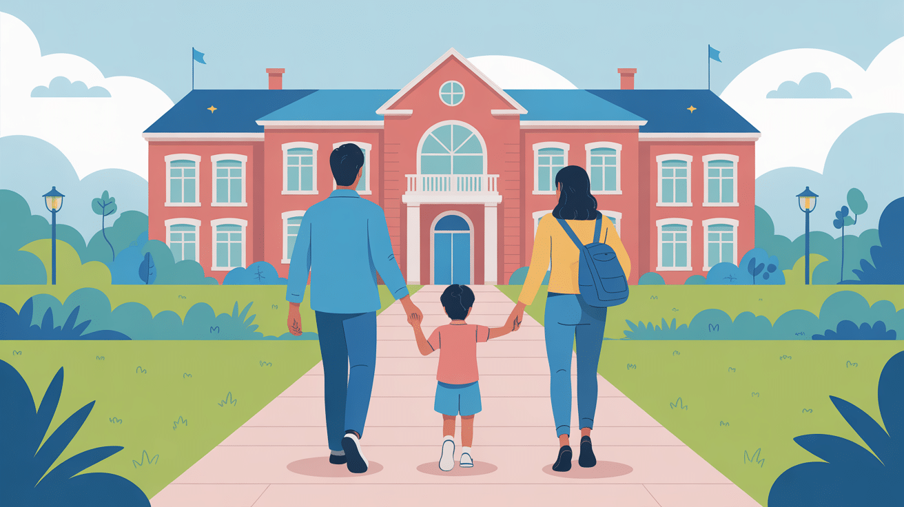 Changement d'établissement scolaire en cours d'année, famille avançant vers une nouvelle école