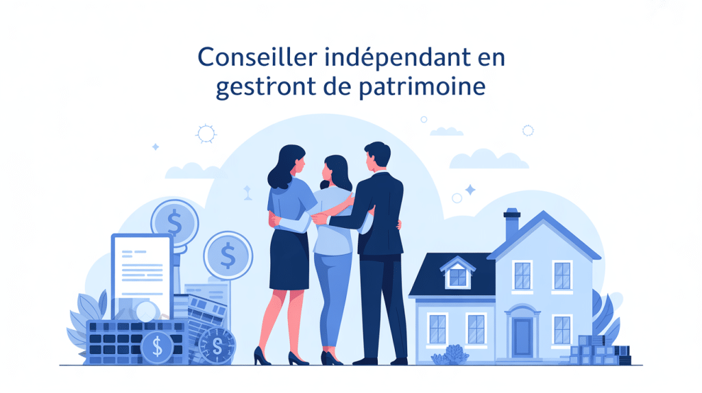 illustration conseiller indépendant en gestion de patrimoine avec clients et symboles financiers