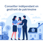illustration conseiller indépendant en gestion de patrimoine avec clients et symboles financiers