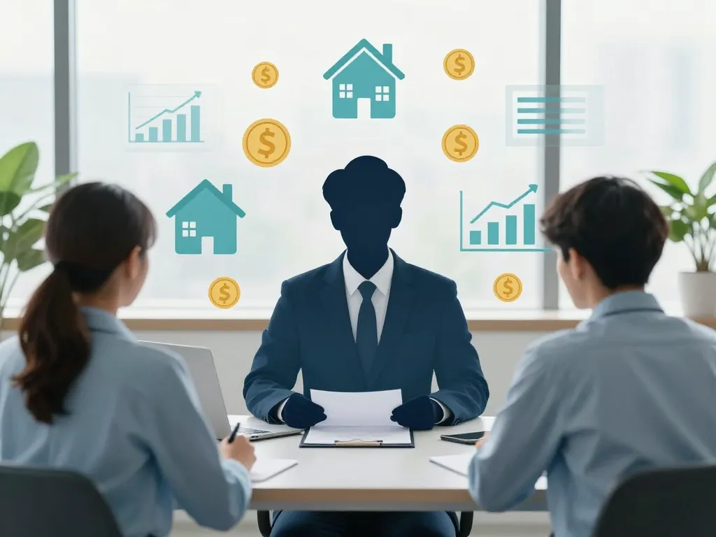 scène conseiller indépendant en gestion de patrimoine avec clients et éléments financiers