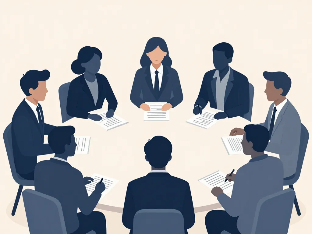 Groupe jury d'examen évaluant candidats