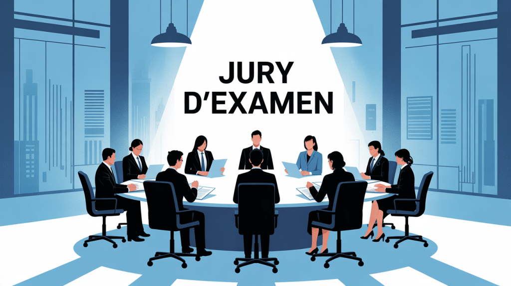 Illustration jury d'examen table ronde professionnels