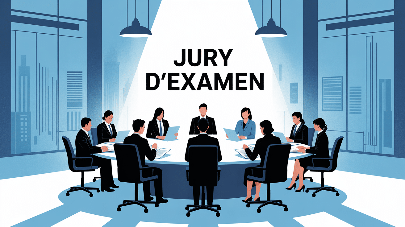 Illustration jury d'examen table ronde professionnels