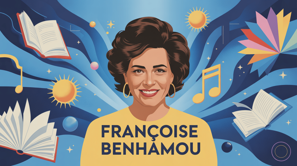 Portrait françoise benhamou illustré avec symboles culturels