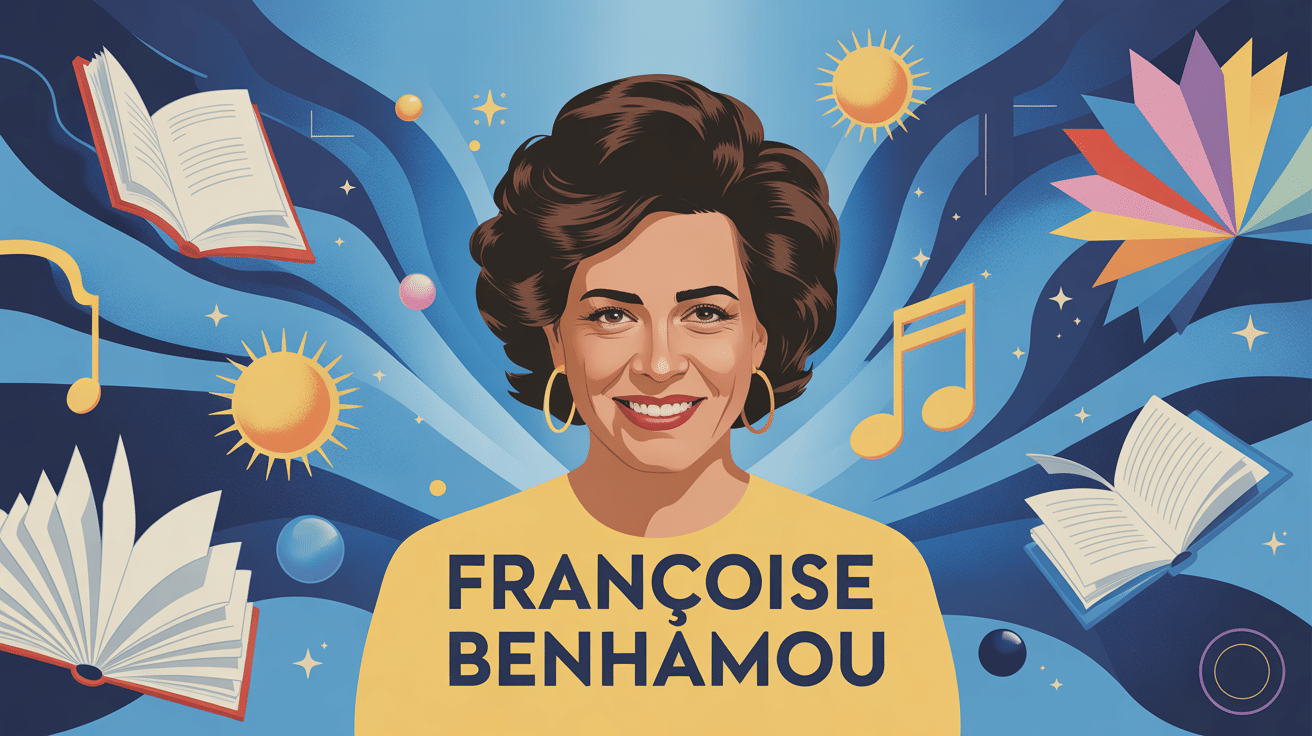 Portrait françoise benhamou illustré avec symboles culturels
