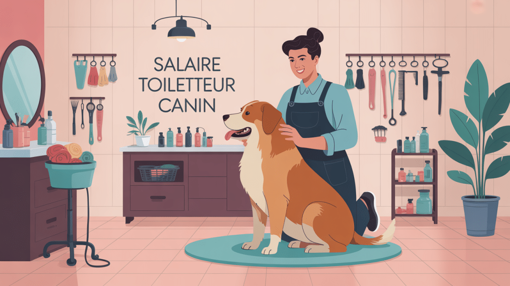 Toiletteur canin travaillant en salon professionnel en France, illustration centrée métier