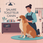 Toiletteur canin travaillant en salon professionnel en France, illustration centrée métier