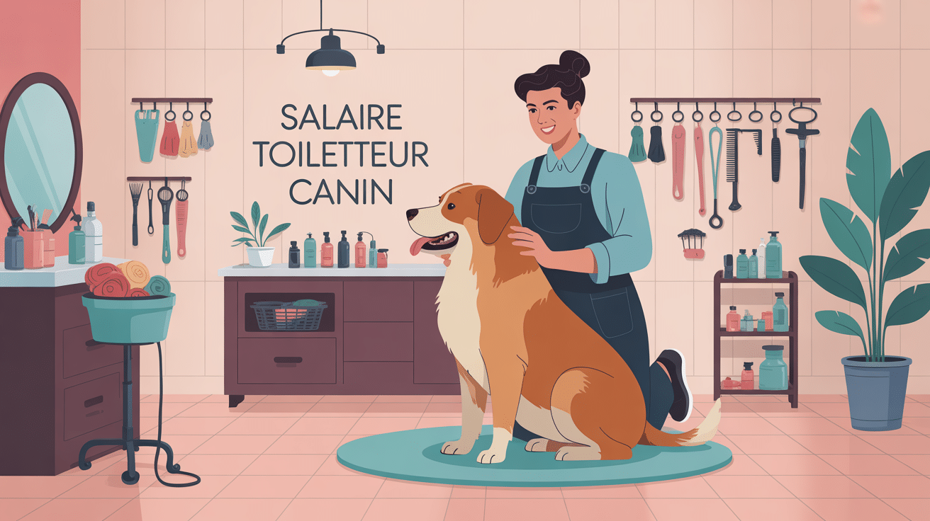 Toiletteur canin travaillant en salon professionnel en France, illustration centrée métier