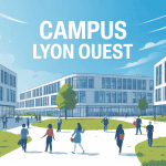 Vue moderne campus Lyon Ouest entouré d’étudiants
