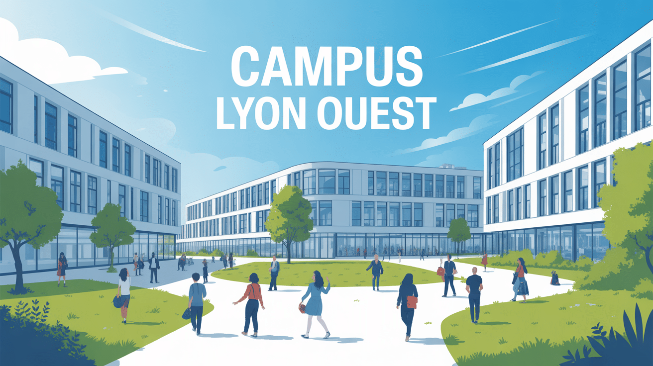 Vue moderne campus Lyon Ouest entouré d’étudiants