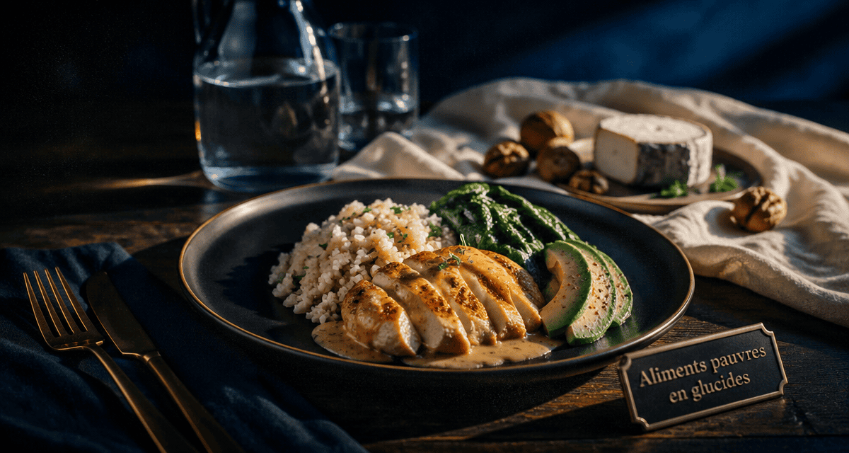 Assiette aliments pauvre en glucide avec poulet, avocat et riz de chou-fleur