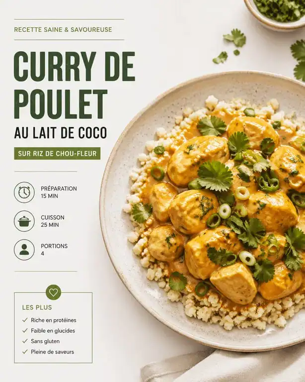 Curry de poulet au lait de coco et riz de chou-fleur, une recette saine d'aliments pauvres en glucides