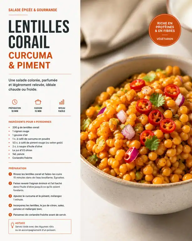 Salade de lentilles corail au curcuma et piment, un plat sain parmi les aliments brûle-graisse