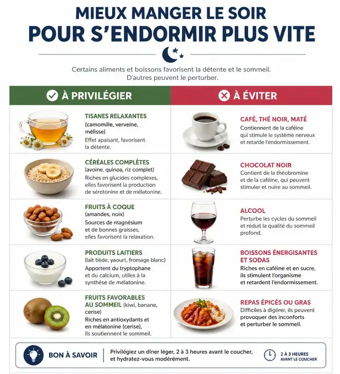 Infographie des conseils alimentaires pour trouver le sommeil rapidement