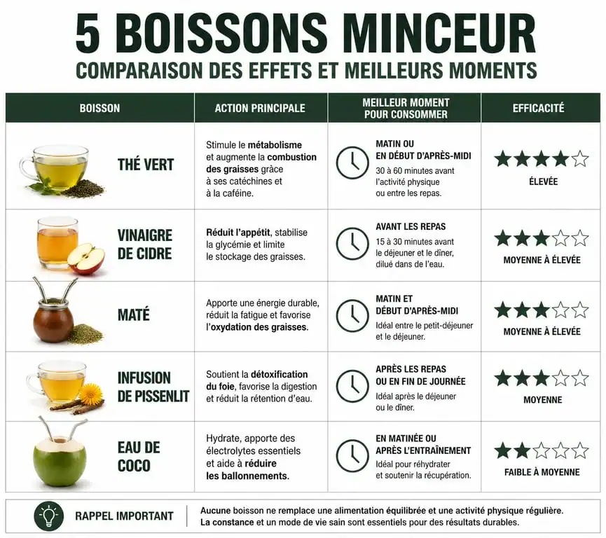 Infographie comparative des meilleures boissons pour perdre du poids naturellement