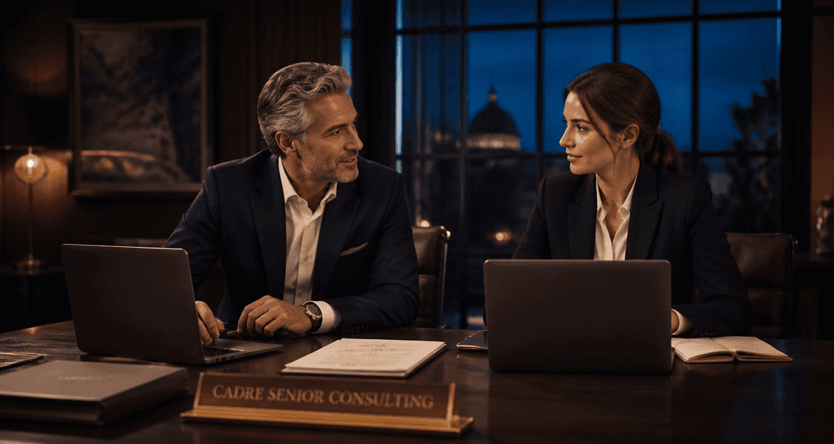 Cadre senior consulting échange stratégique en bureau moderne