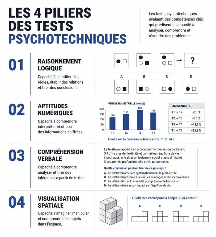 Infographie des piliers des tests psychotechniques : logique, numérique, verbal et spatial