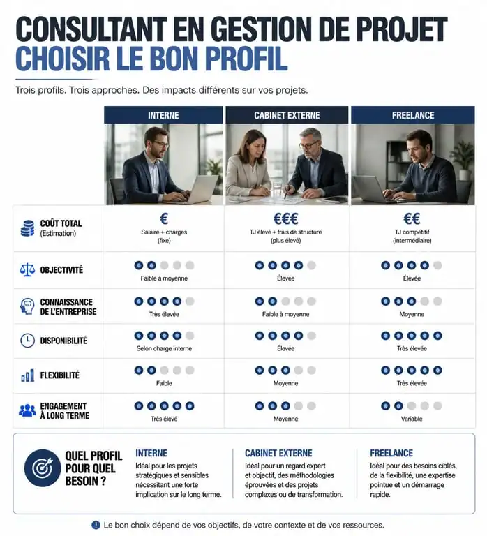 Comparatif des profils de consultant en gestion de projet : interne, externe et freelance