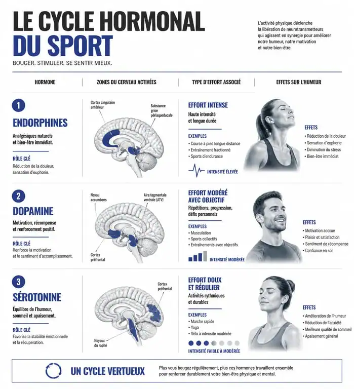 Infographie sur les hormones du bonheur et le sport : endorphines, dopamine et sérotonine
