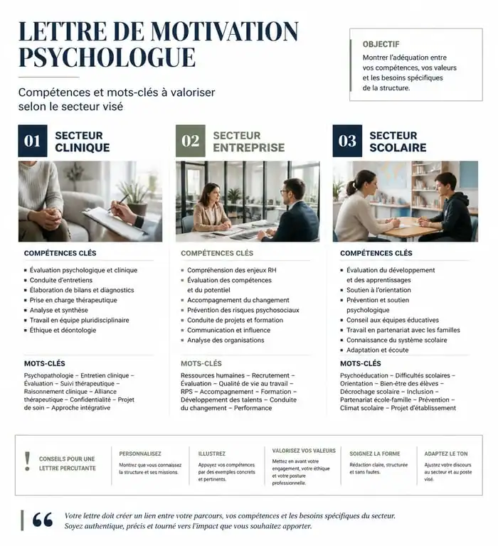 Tableau comparatif des compétences et mots-clés pour une lettre de motivation psychologue par secteur