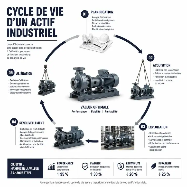 Infographie du cycle de vie des actifs dans le cadre d'une stratégie Enterprise Asset Management
