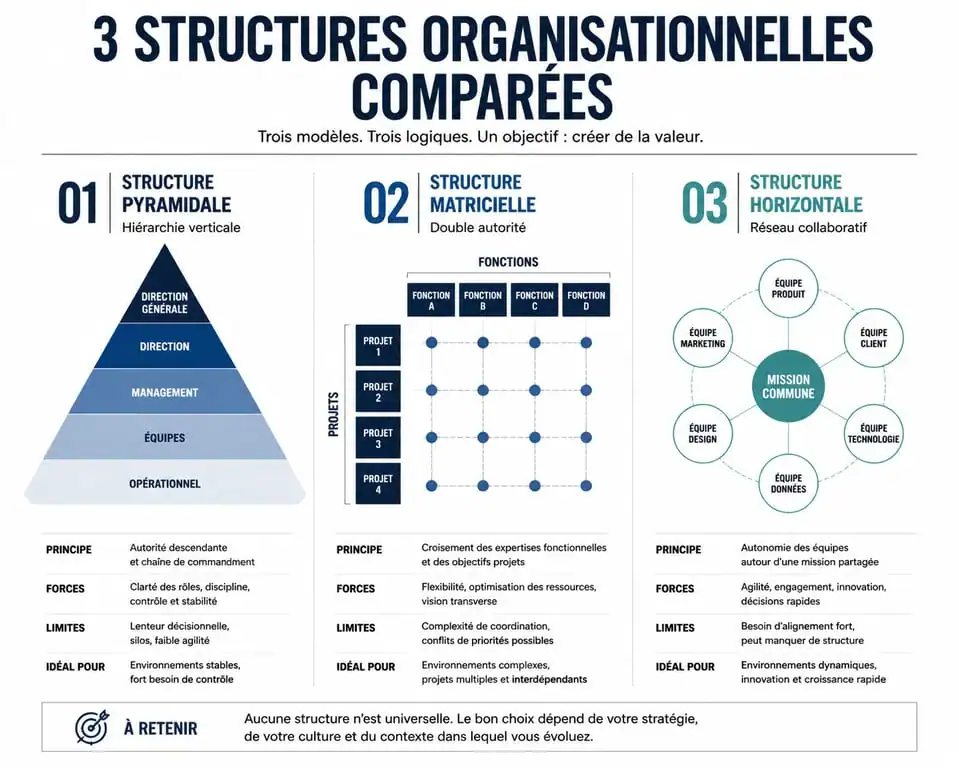Infographie comparative des types de hiérarchie dans une entreprise : structure pyramidale, matricielle et horizontale