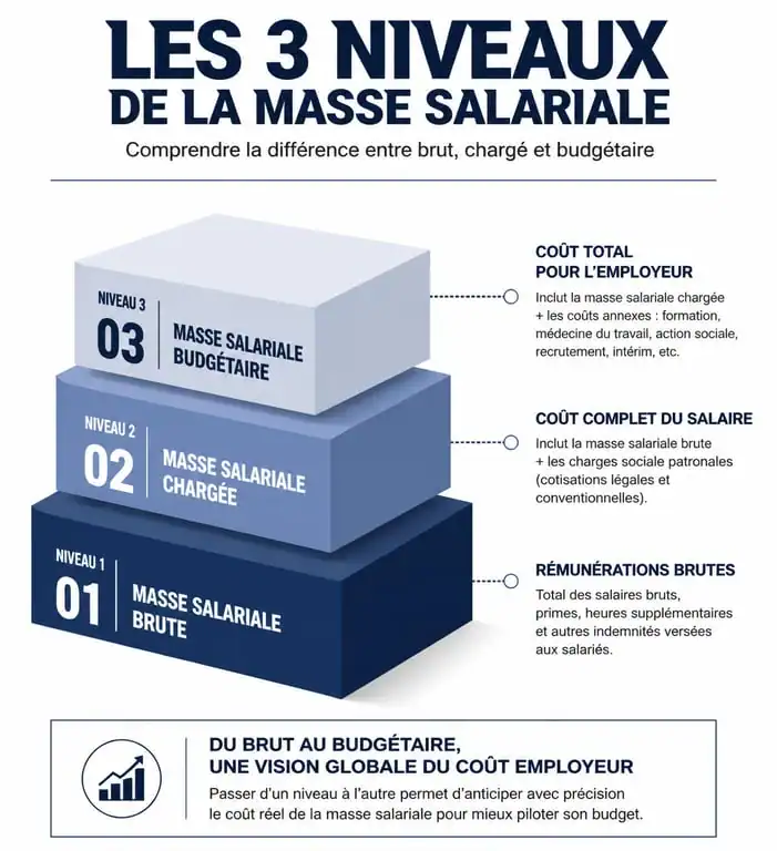 Infographie des trois niveaux de pilotage de la masse salariale : brute, chargée et budgétaire