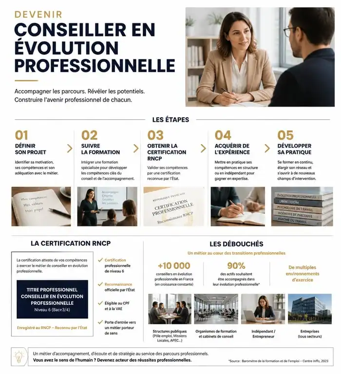 Infographie des étapes de la formation conseiller en évolution professionnelle