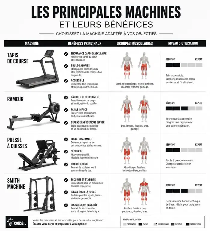 Infographie comparative des machines de salle de sport : cardio, musculation et renforcement
