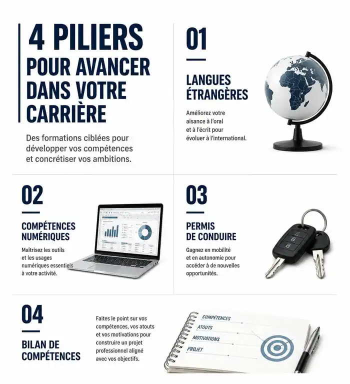 Infographie des idées de formation éligibles au CPF pour booster sa carrière