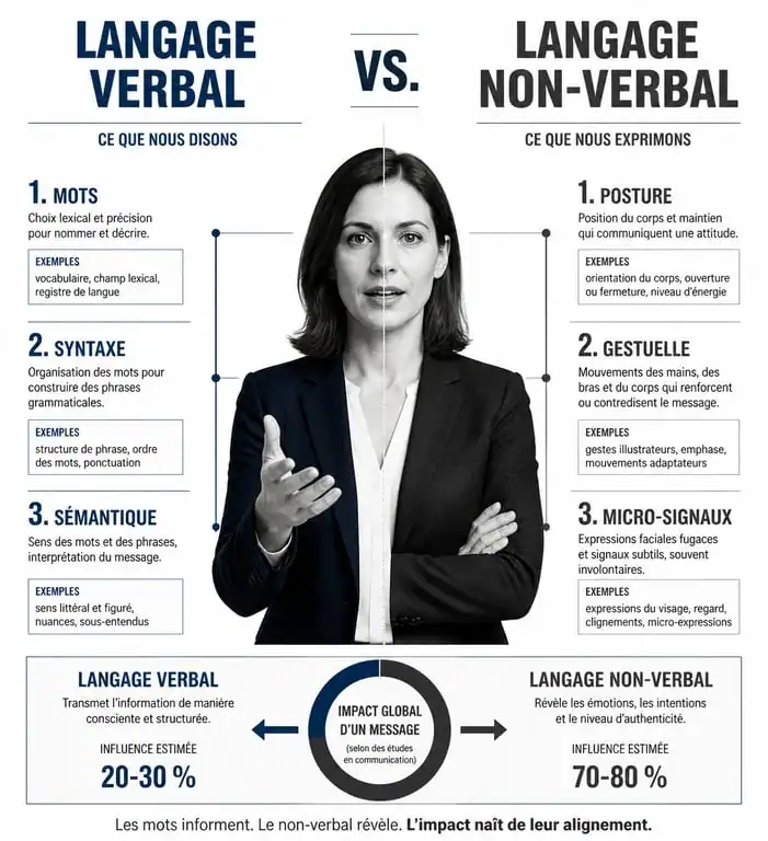 Infographie comparative entre le langage verbal et le langage non verbal pour mieux communiquer.