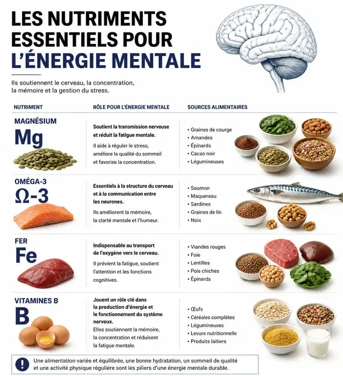 Infographie des nutriments essentiels pour retrouver de l'énergie mentale et combattre la fatigue cérébrale