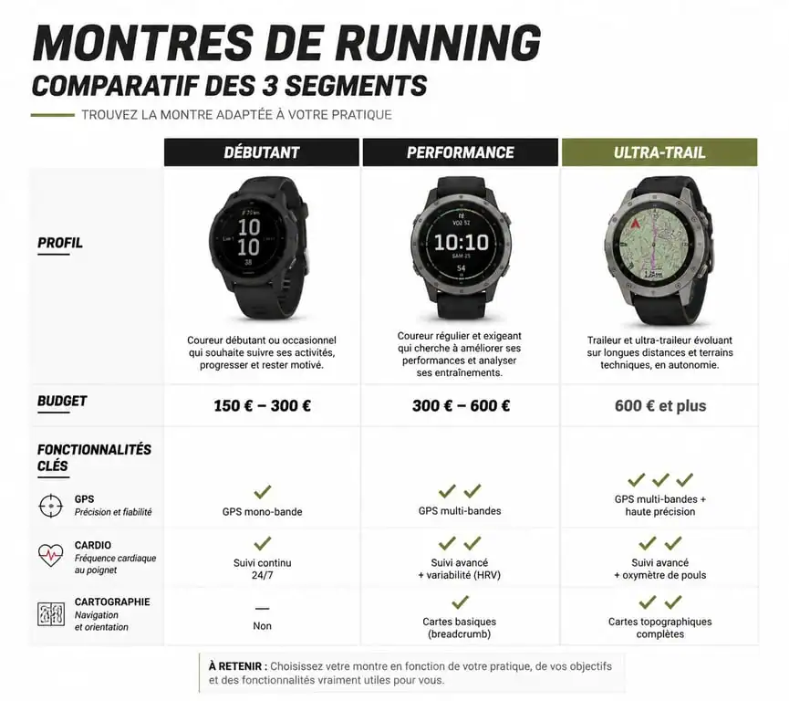 Infographie comparative des montres de running par profil sportif et budget
