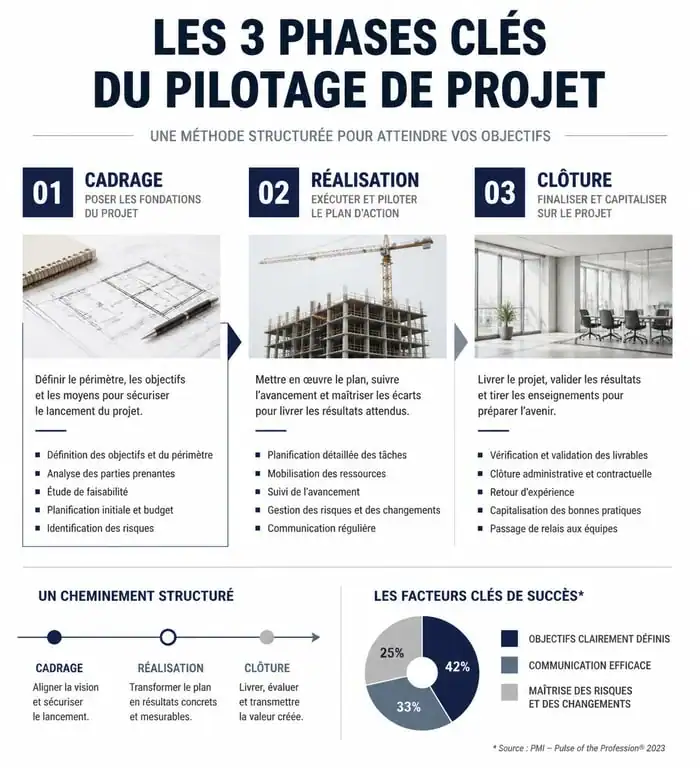 Infographie des phases de pilotage projet : cadrage, réalisation et clôture