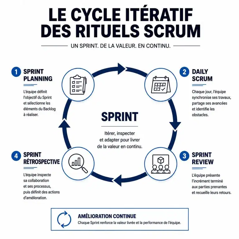Infographie du cycle des rituels agiles Scrum montrant la temporalité et l'articulation des cérémonies