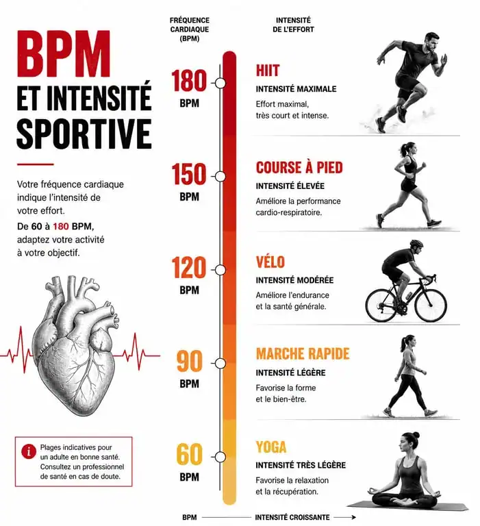 Infographie sur la relation entre les BPM et l'intensité de l'effort pour la musique de sport