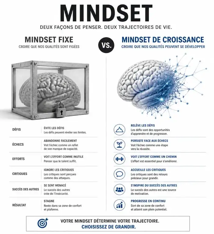 Infographie comparative entre le mindset fixe et le mindset de croissance pour comprendre l'impact des états d'esprit sur la réussite.