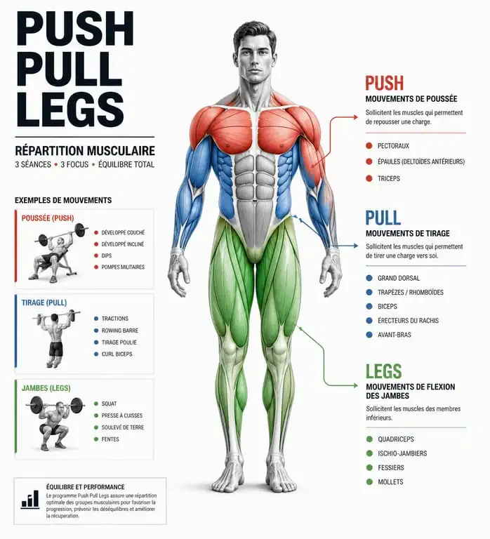 Répartition musculaire du programme Push Pull Legs : muscles sollicités en poussée, tirage et jambes