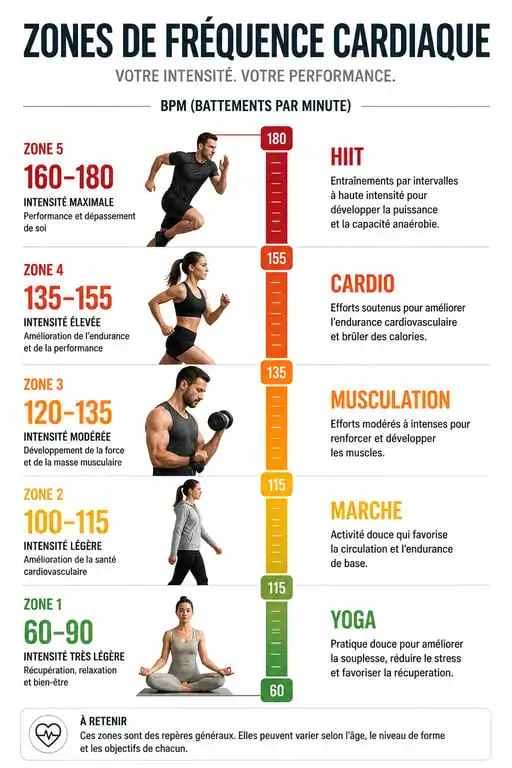 Infographie des plages de BPM recommandées pour chaque type d'entraînement fitness