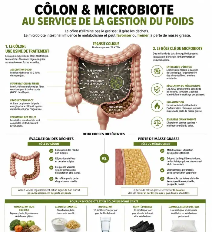 Infographie sur le fonctionnement du côlon et le lien entre microbiote et perte de poids