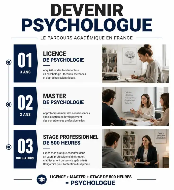 Schéma du parcours pour obtenir une formation en psychologie à distance reconnue par l'état