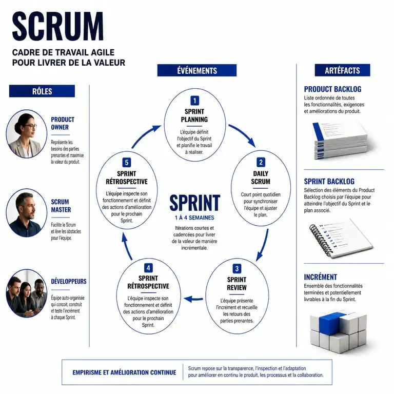 Schéma du framework Scrum illustrant les rôles, événements et artefacts pour une formation Scrum Master