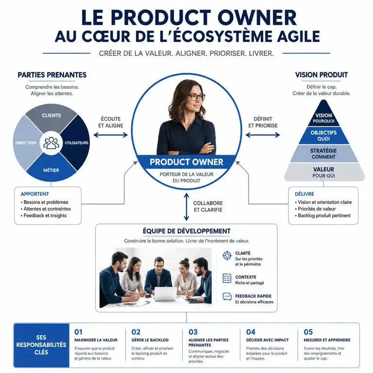 Schéma illustrant le rôle central du Product Owner dans une équipe agile et ses interactions