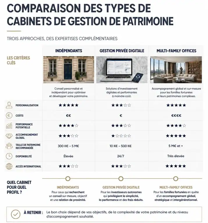 Comparatif des types de cabinets pour le classement cabinet gestion de patrimoine en France