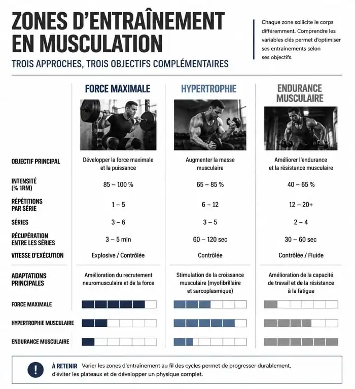 Infographie comparative des zones d'entraînement pour la musculation pour la force