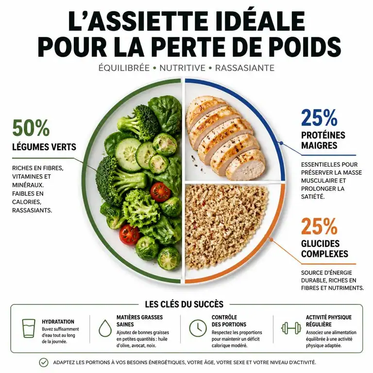 Infographie composition assiette équilibrée pour régime perte de poids