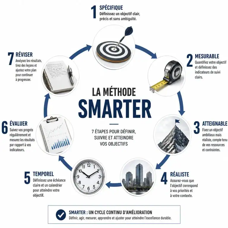 Schéma explicatif de la méthode objectif SMARTER pour la gestion de projet