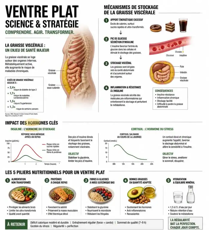 Infographie explicative sur les mécanismes de stockage de la graisse abdominale et les conseils nutritionnels pour maigrir du ventre